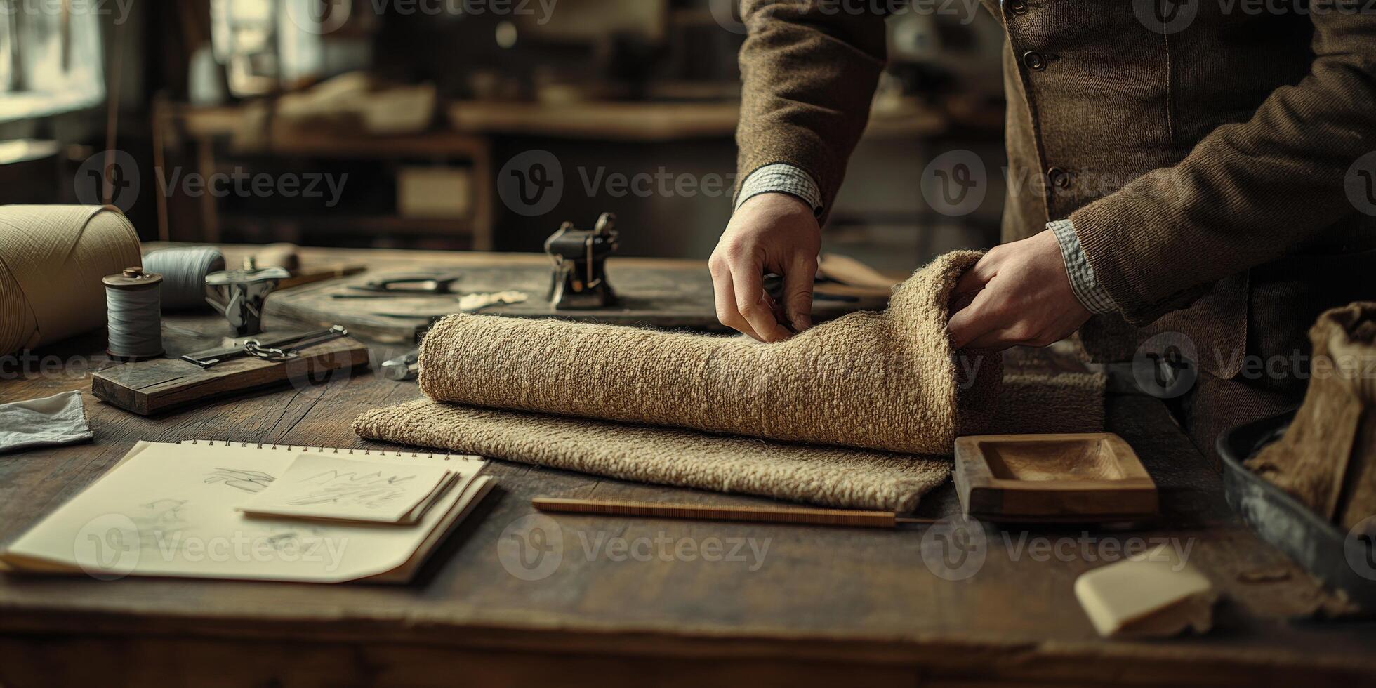 Crafting with boucle fabric in a vintage workshop during the afternoon sunlight photo
