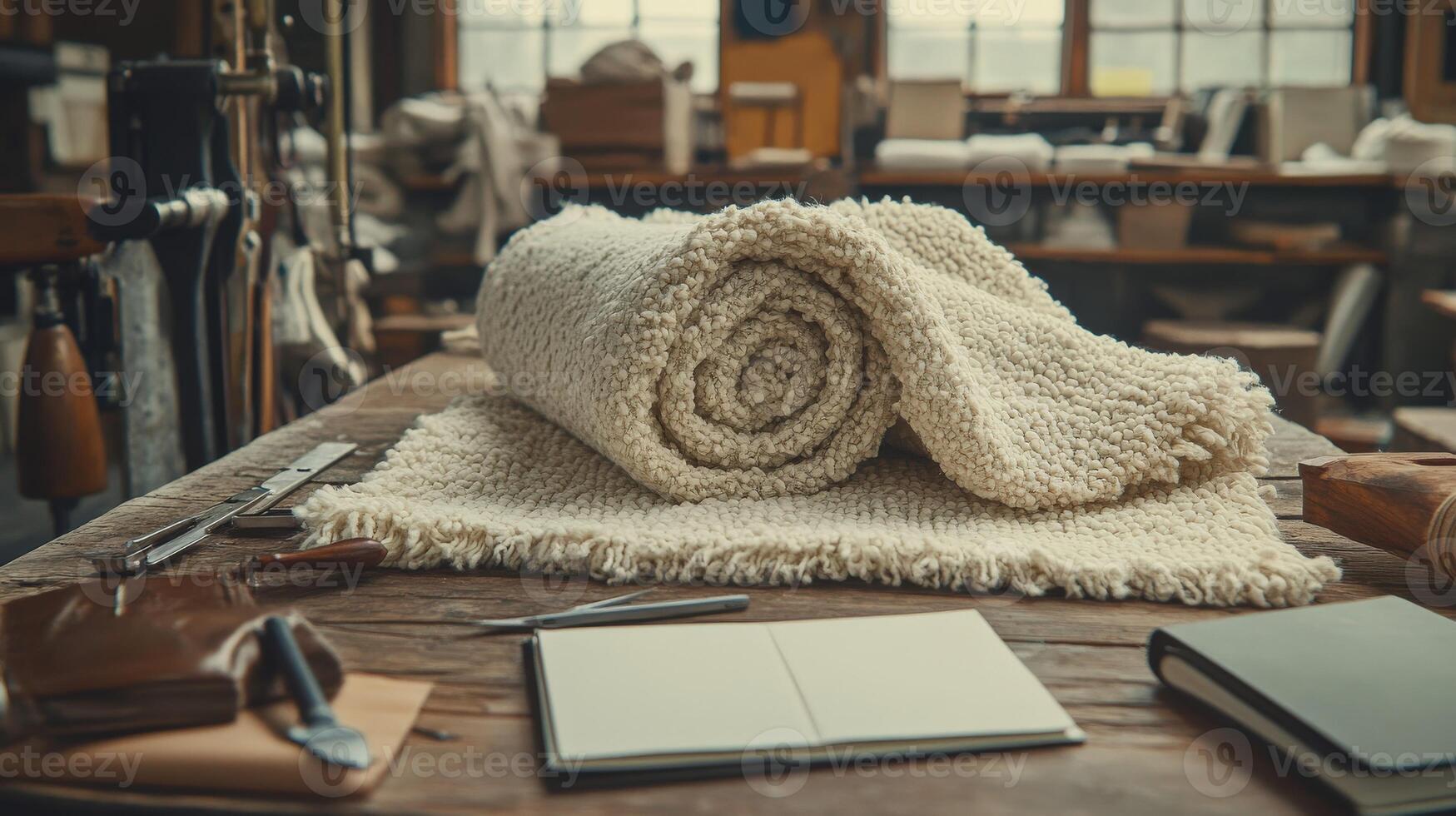 Explore the artistry of boucle fabric in a textile workshop during a quiet afternoon photo