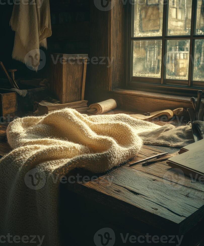 Soft boucle fabric draped over a rustic wooden table by a sunlit window in a vintage workshop setting photo