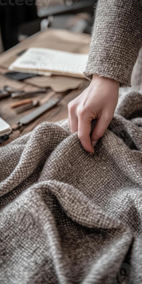 Crafting with boucle fabric in a serene workspace filled with design tools and materials photo