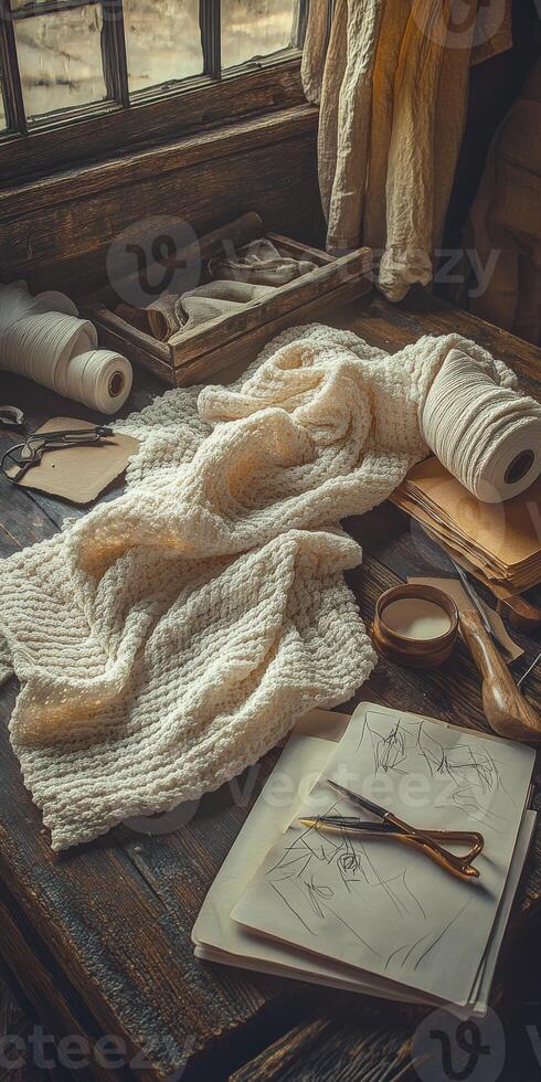 Cozy workspace featuring boucle fabric and crafting tools in a rustic setting photo