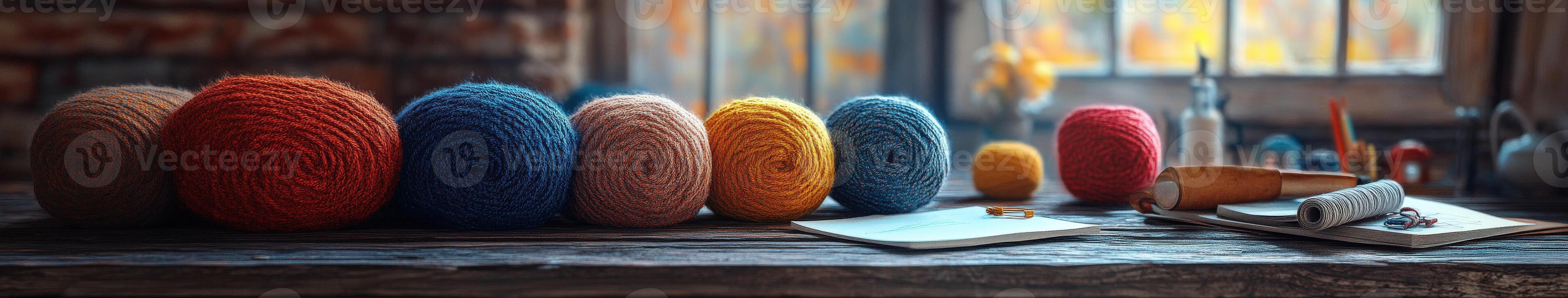 Colorful boucle fabric yarn arranged on a rustic wooden table in a cozy workshop during daylight hours photo