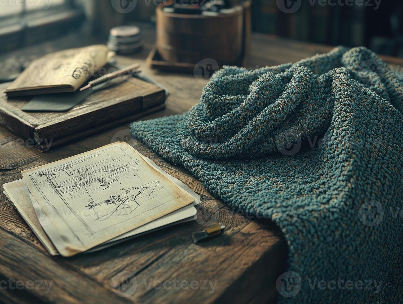 Boucle fabric draped over a rustic wooden table with sketches and vintage items in a cozy workspace photo