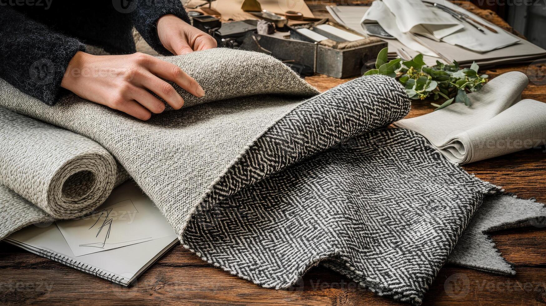 Examining boucle fabric samples on a wooden table with design sketches and tools in a creative workspace photo