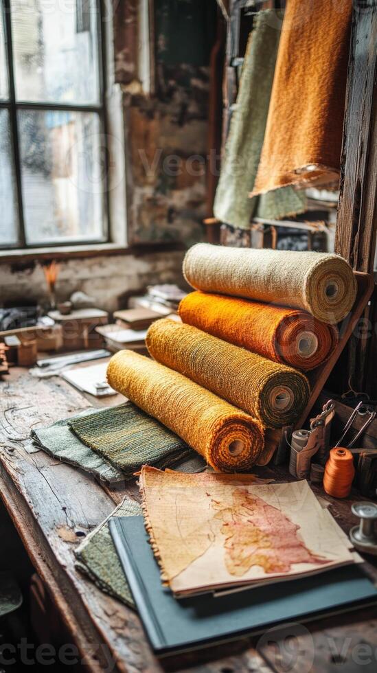 Vibrant rolls of boucle fabric arranged on a rustic workshop table with craft supplies and natural light streaming in photo
