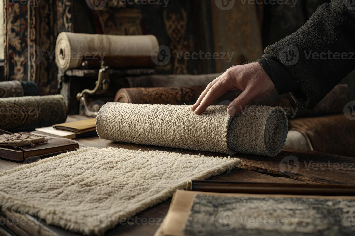 Exploring the texture and design of boucle fabric at a textile workshop showcasing various rolled materials photo