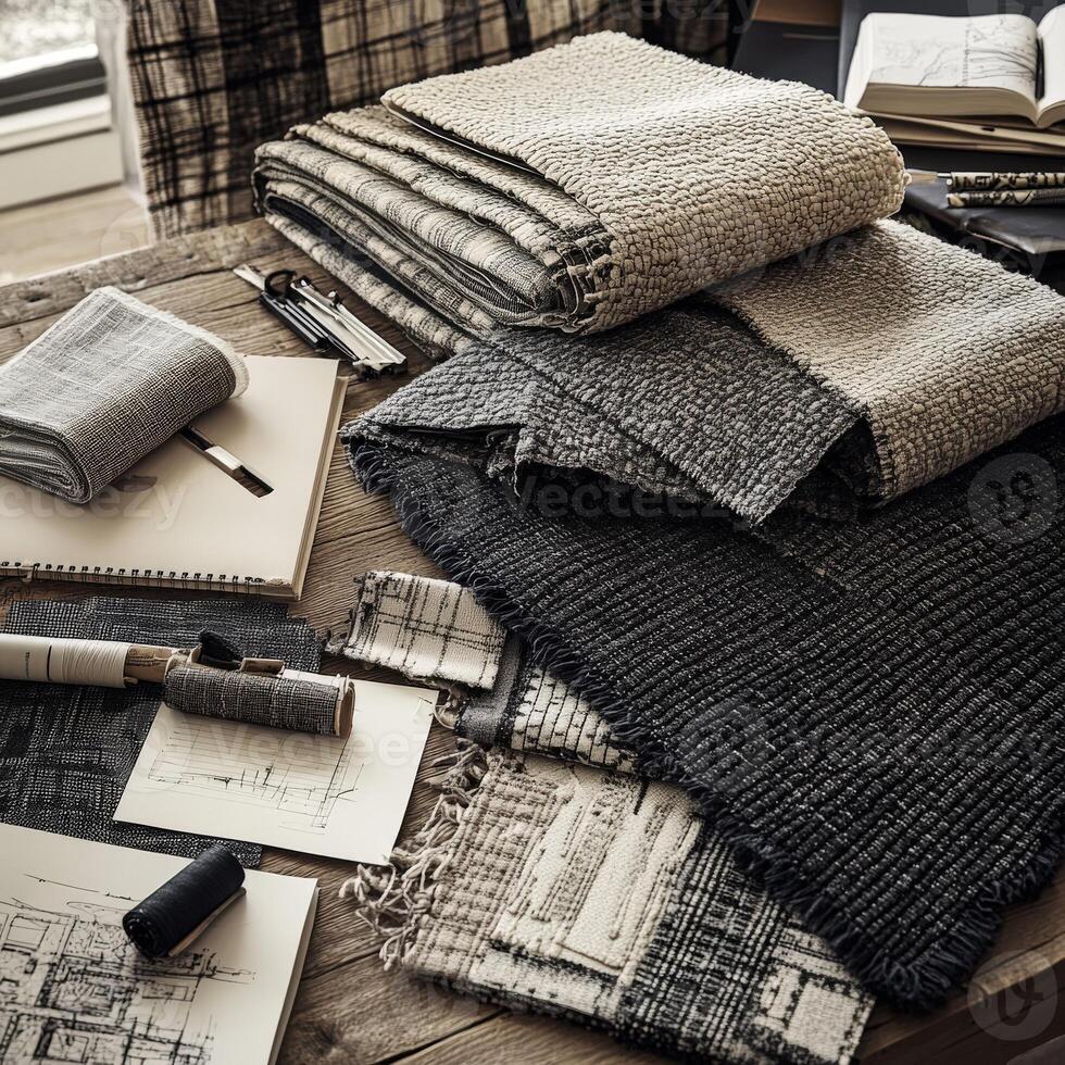Exploring textured boucle fabric collections in a cozy workspace during the afternoon photo