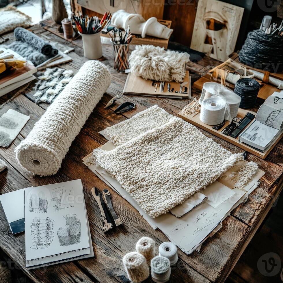 Crafting with boucle fabric in an artistic workspace filled with tools and creativity photo