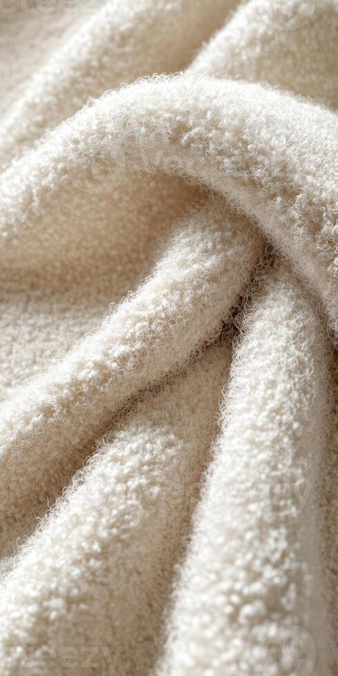 Soft and cozy boucle fabric texture showcasing intricate fibers and warm hues perfect for textiles and home decor projects photo