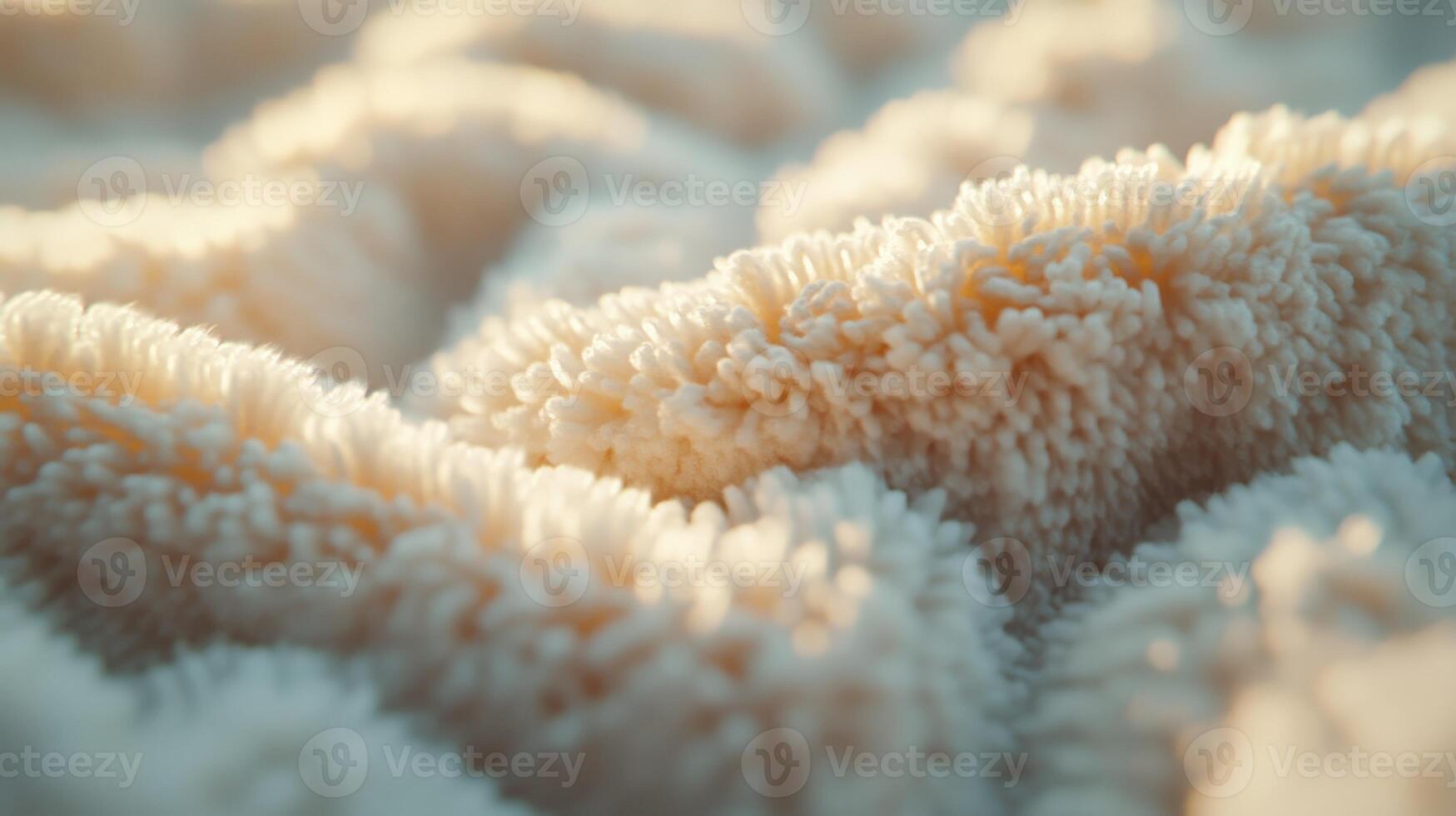 Close-up view of soft boucle fabric texture highlighting intricate fibers and weaves in warm lighting photo