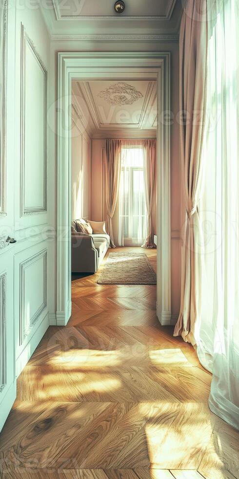A room with a wooden floor and white walls photo