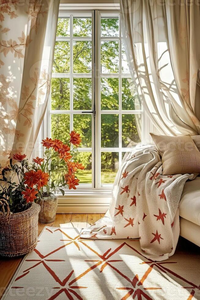 Cozy living room with a view of nature through a large window adorned with flowing curtains and seasonal decor photo