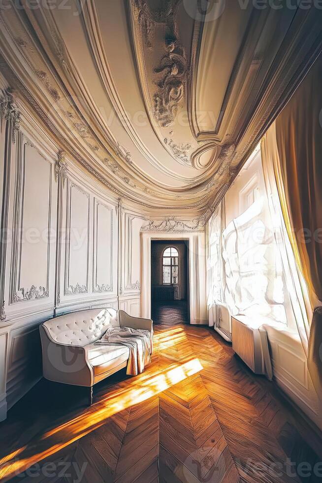 Elegant interior of a sunlit room showcasing classic design and intricate architectural details during the late afternoon photo