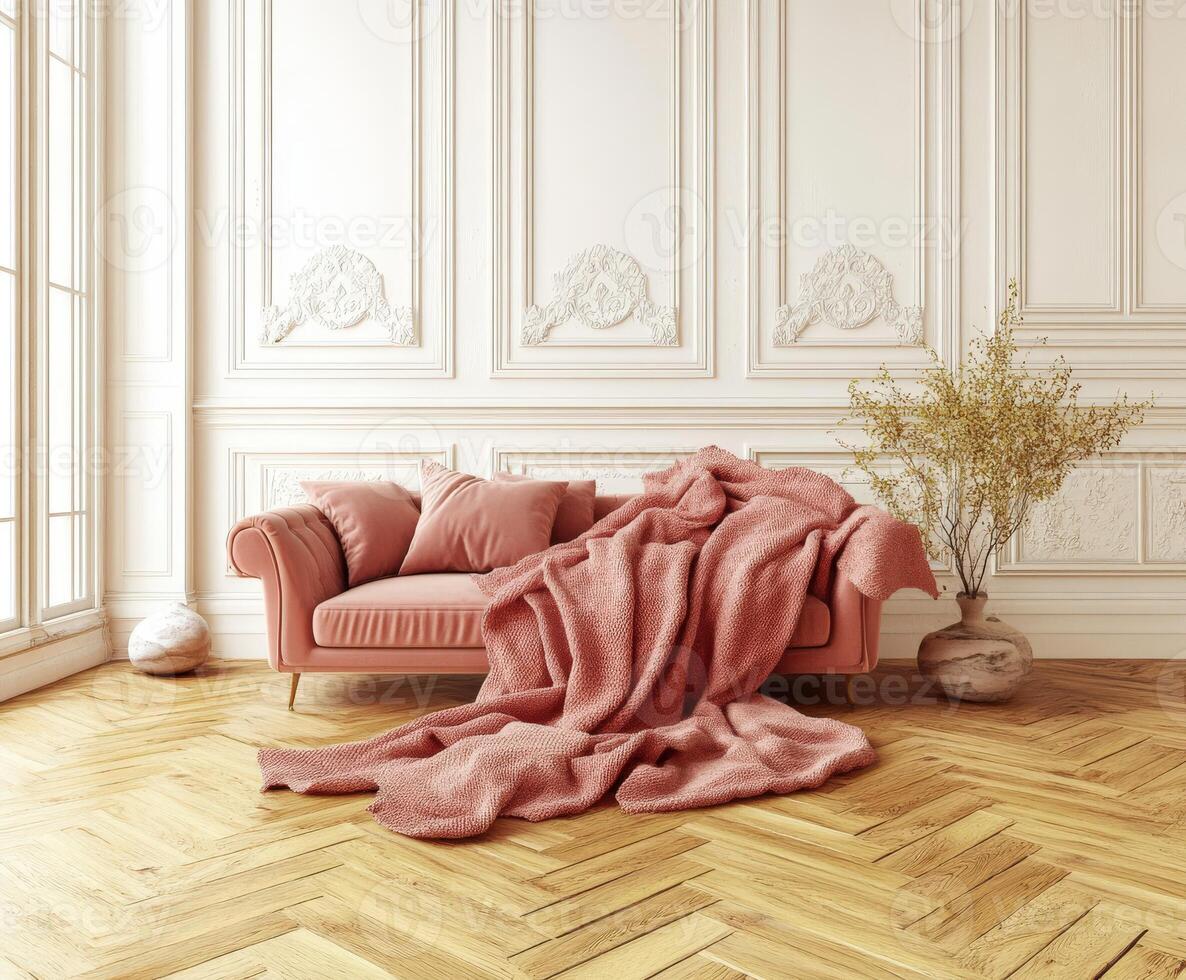 Cozy living room with a pink sofa and decorative elements arranged in a stylish interior space photo