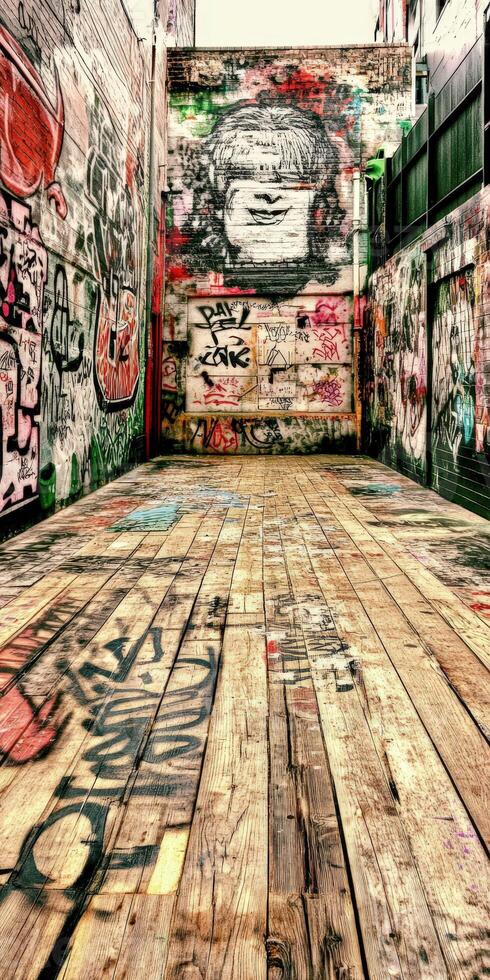 Street art alley showcasing vibrant graffiti and wooden flooring in an urban setting during daylight hours photo