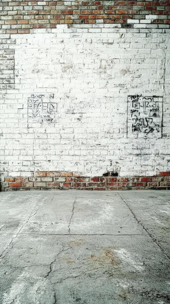 Urban art captured on a textured wall with graffiti in a wide-open warehouse space during daylight hours photo