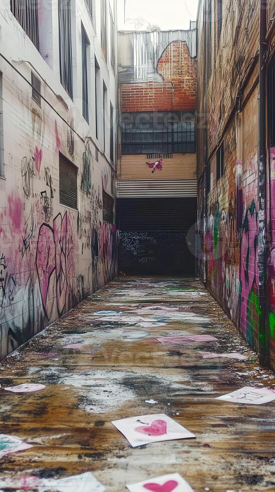 Brightly colored alleyway with vibrant graffiti and scattered art pieces in an urban setting during daylight photo