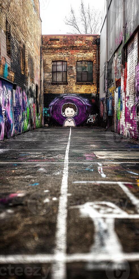 Colorful street art fills empty urban alley with vibrant murals and unique characters during midday light in a city block photo