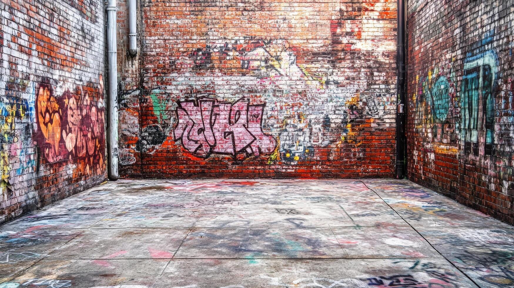 Urban alleyway filled with colorful graffiti in a deserted space during daylight hours photo