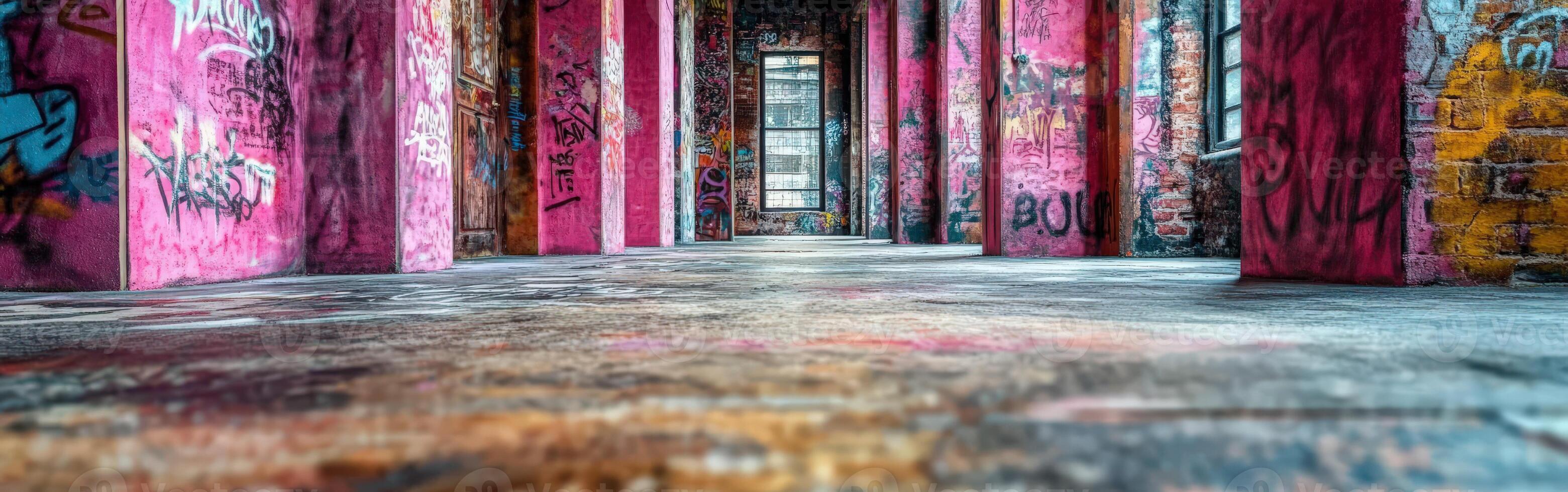 Vibrant graffiti-covered walls in an abandoned industrial building during daylight photo