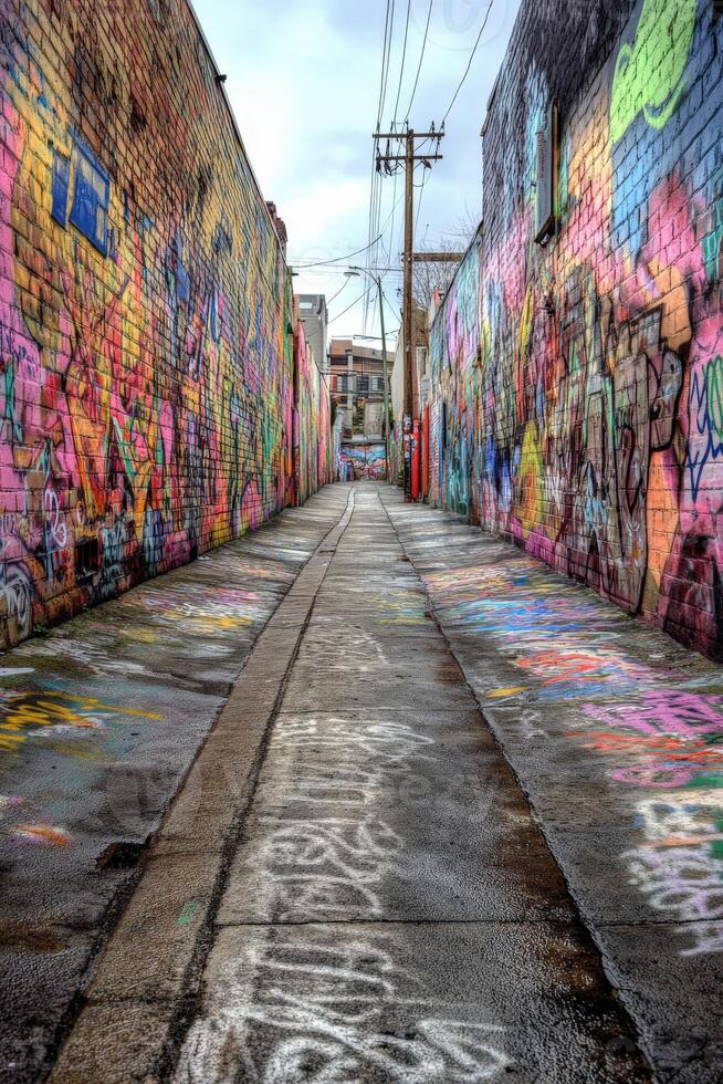 Vibrant graffiti alley showcasing colorful street art in an urban setting on a cloudy day photo