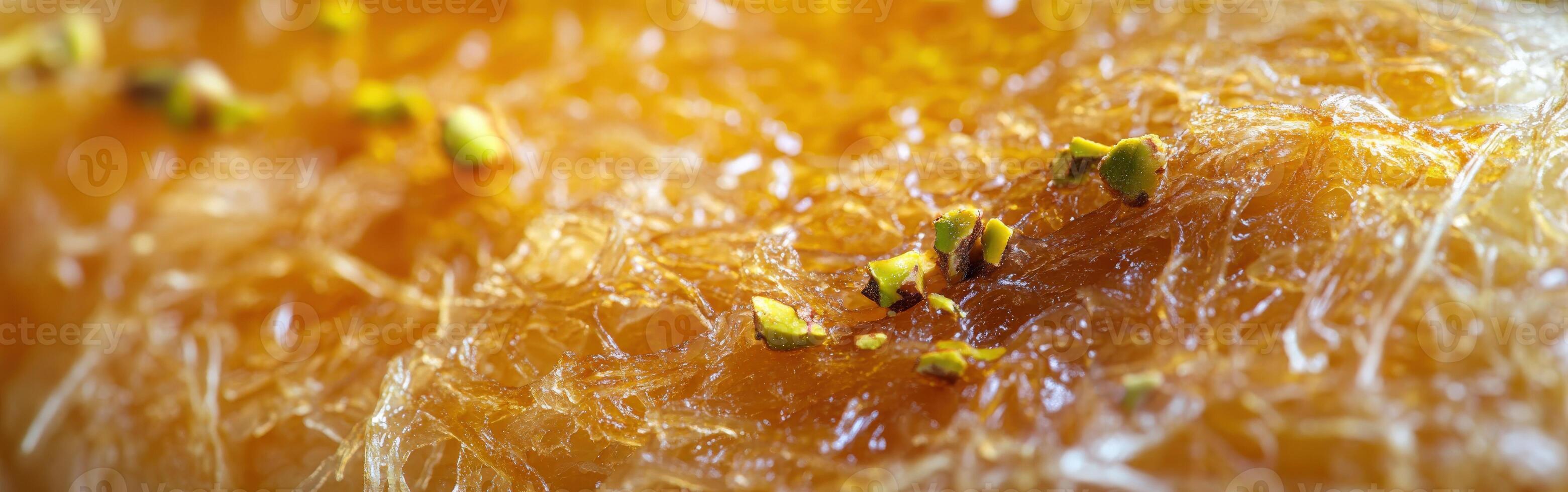 Delightful kunafa dessert topped with pistachios served in a vibrant market setting at sunset photo