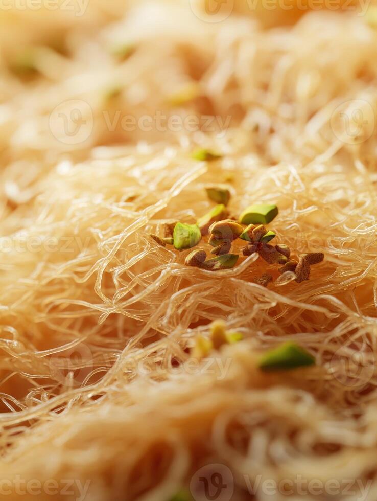 Delicious kunafa topped with crushed pistachios served on a warm platter at a dessert shop photo