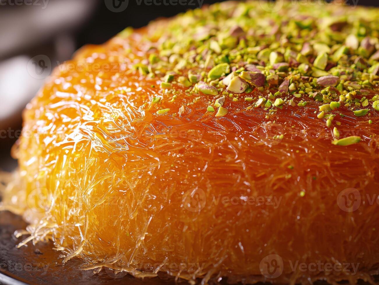 Delicious kunafa topped with crushed pistachios served on a wooden platter in a cozy cafe setting photo
