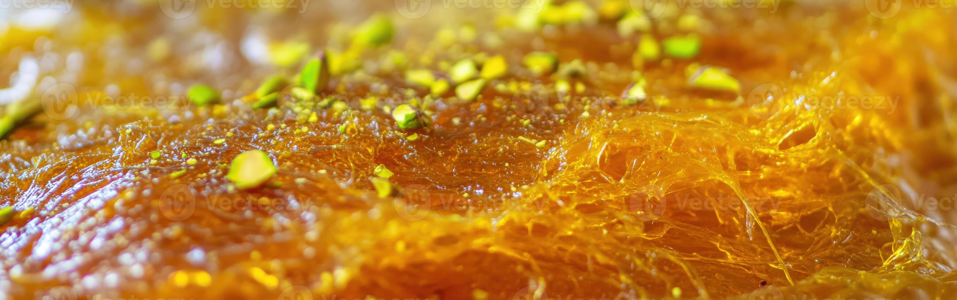 Delicious kunafa topped with crushed pistachios in a close-up view showcasing its golden, flaky texture photo