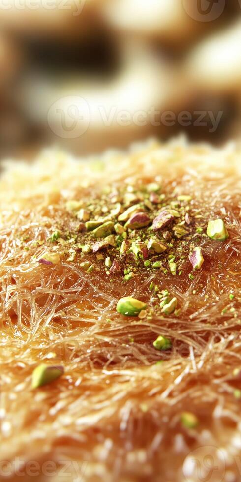 Delicious kunafa topped with crushed pistachios served on a traditional platter in a vibrant eatery photo