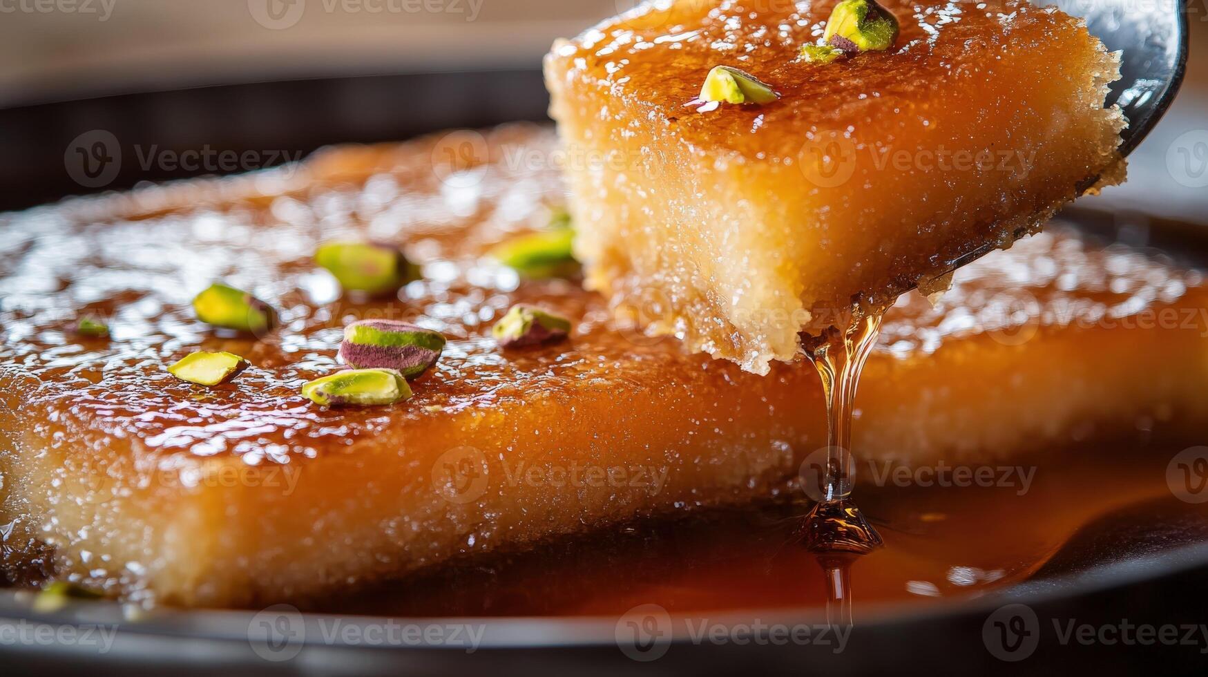 Delicious kunafa dessert with syrup and pistachios served on a black plate in a cozy setting photo