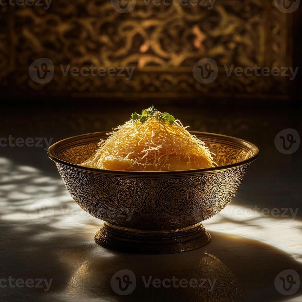 Delicious kunafa served in an ornate bowl surrounded by intricate patterns photo