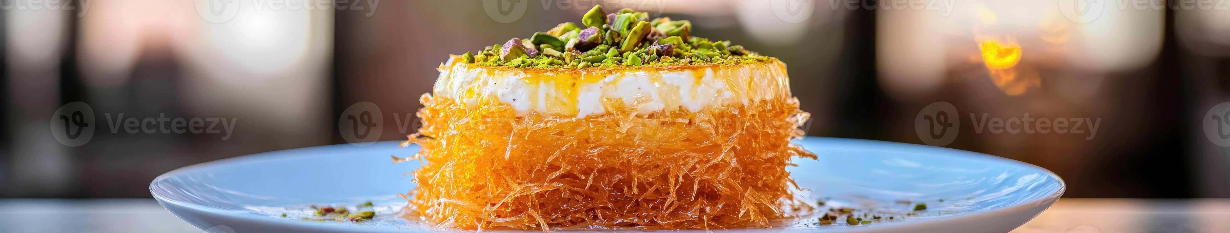Delicious kunafa dessert topped with pistachios served on a white plate in a cozy cafe setting photo