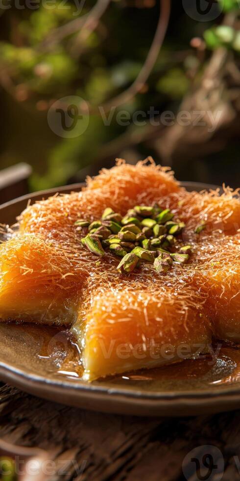 Delicious kunafa topped with nuts served in a rustic setting at a local cafe during evening hours photo
