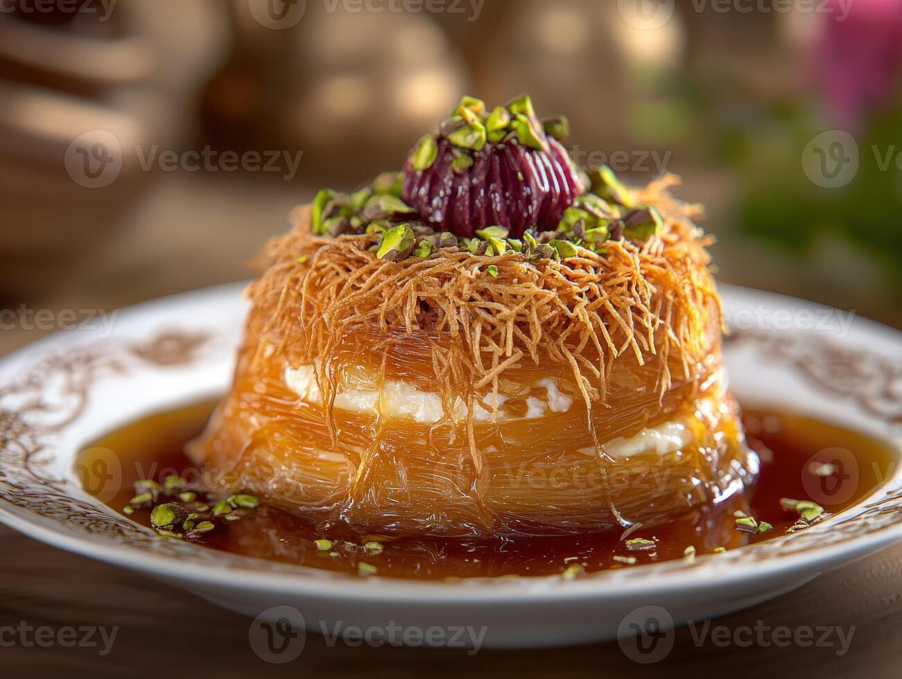 Delicious kunafa dessert served with syrup and pistachios during a festive gathering photo