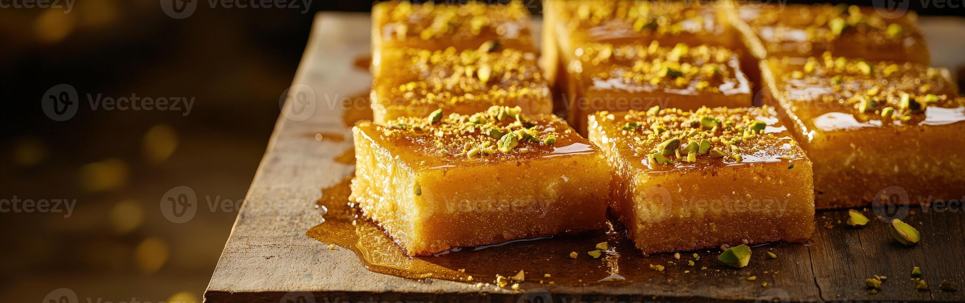 Delicious kunafa topped with crushed pistachios served on a wooden platter in a warm setting photo