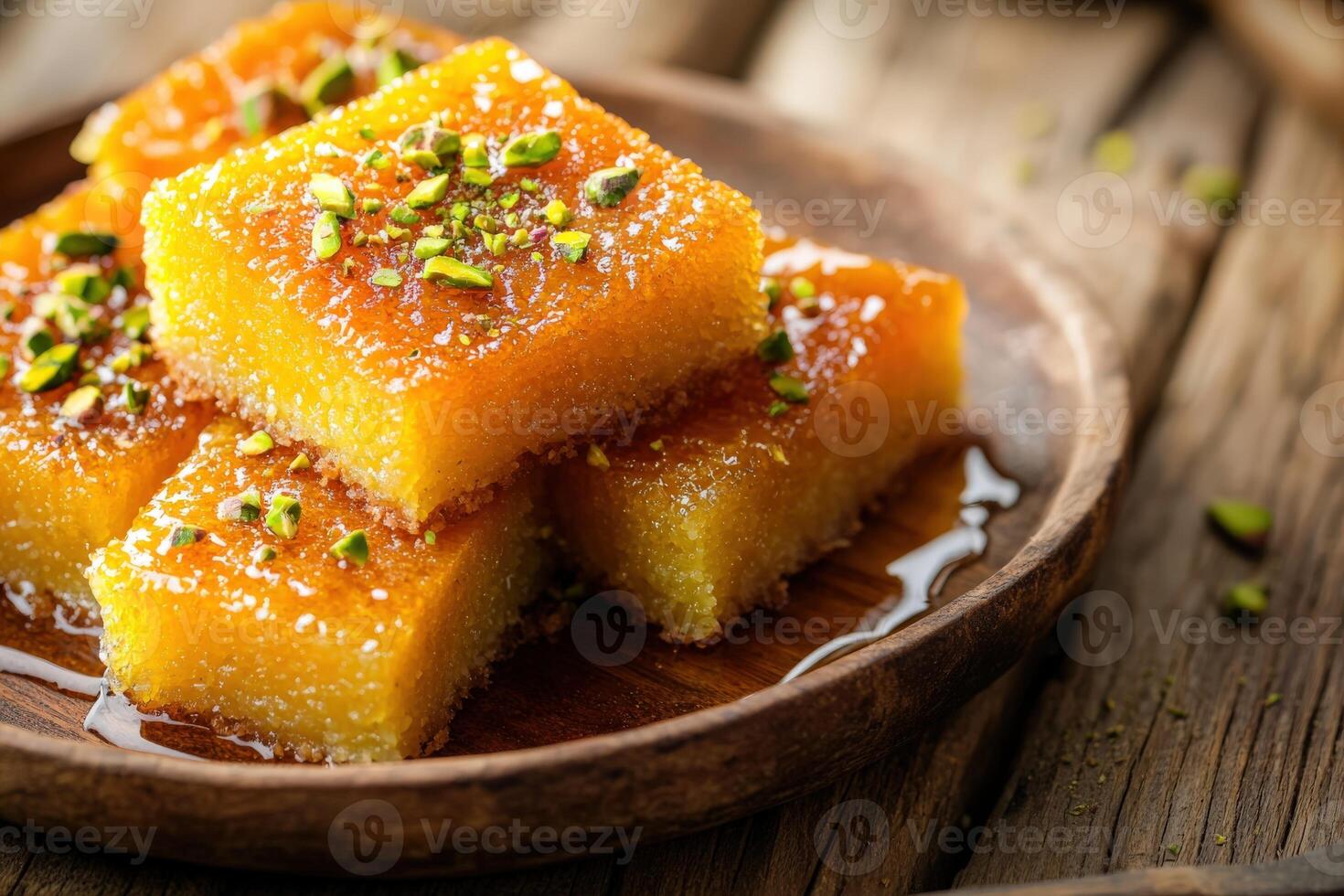 Delicious kunafa dessert served on a wooden plate with nuts and syrup in a cozy cafe setting photo