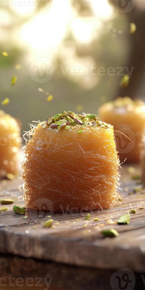 Delicious kunafa topped with crushed pistachios, showcasing traditional Middle Eastern dessert on a rustic wooden table photo