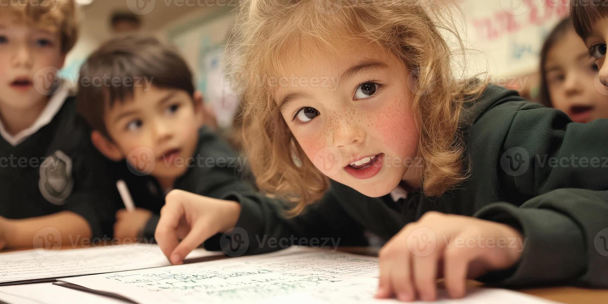 A group of children sitting at a table writing photo