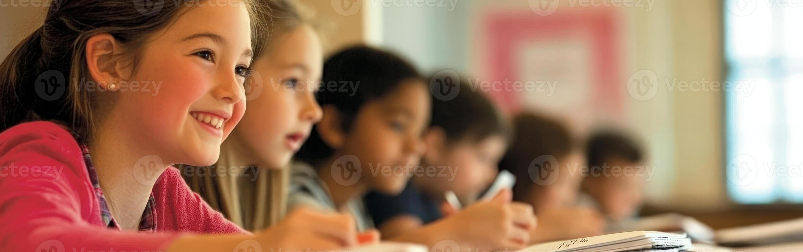 A group of children sitting at desks in a classroom photo