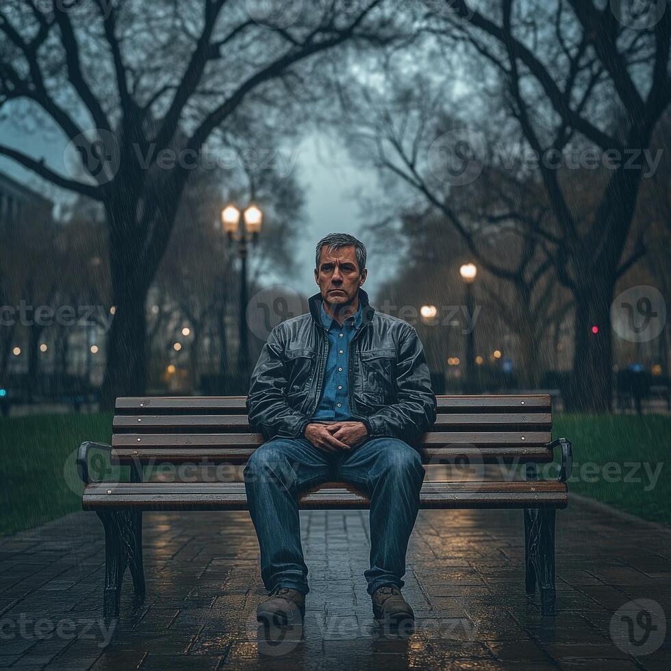 A man sitting on a bench in the rain photo