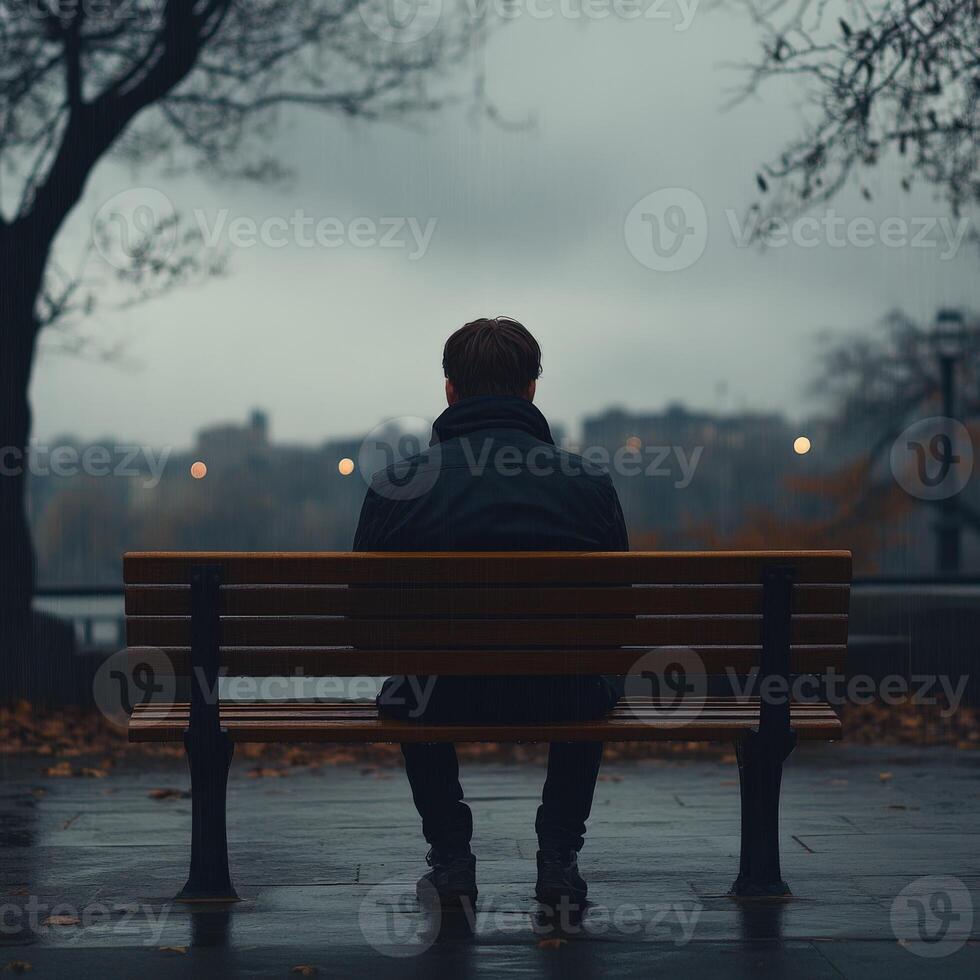 A man sitting on a bench in the rain photo