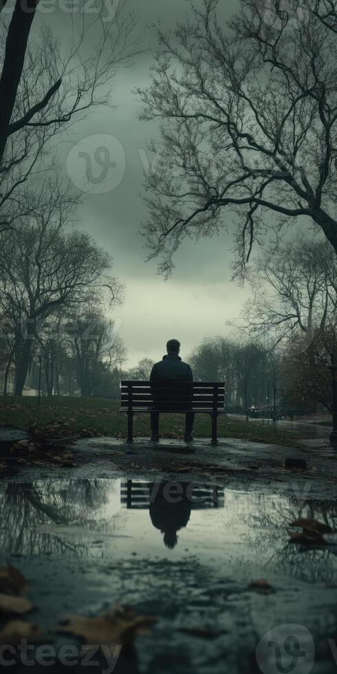 A man sits on a bench in the rain photo