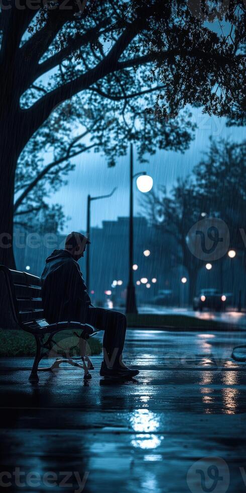 A man sitting on a bench in the rain photo