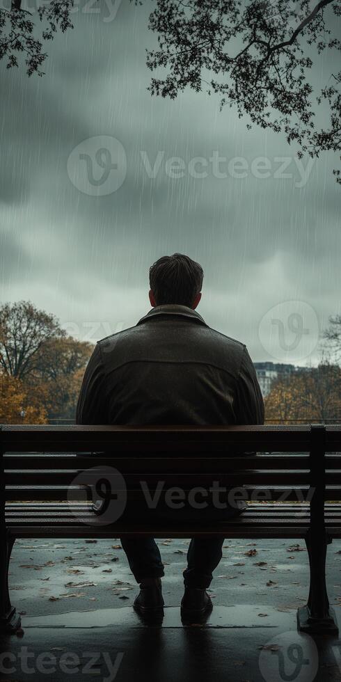 A man sitting on a bench in the rain photo