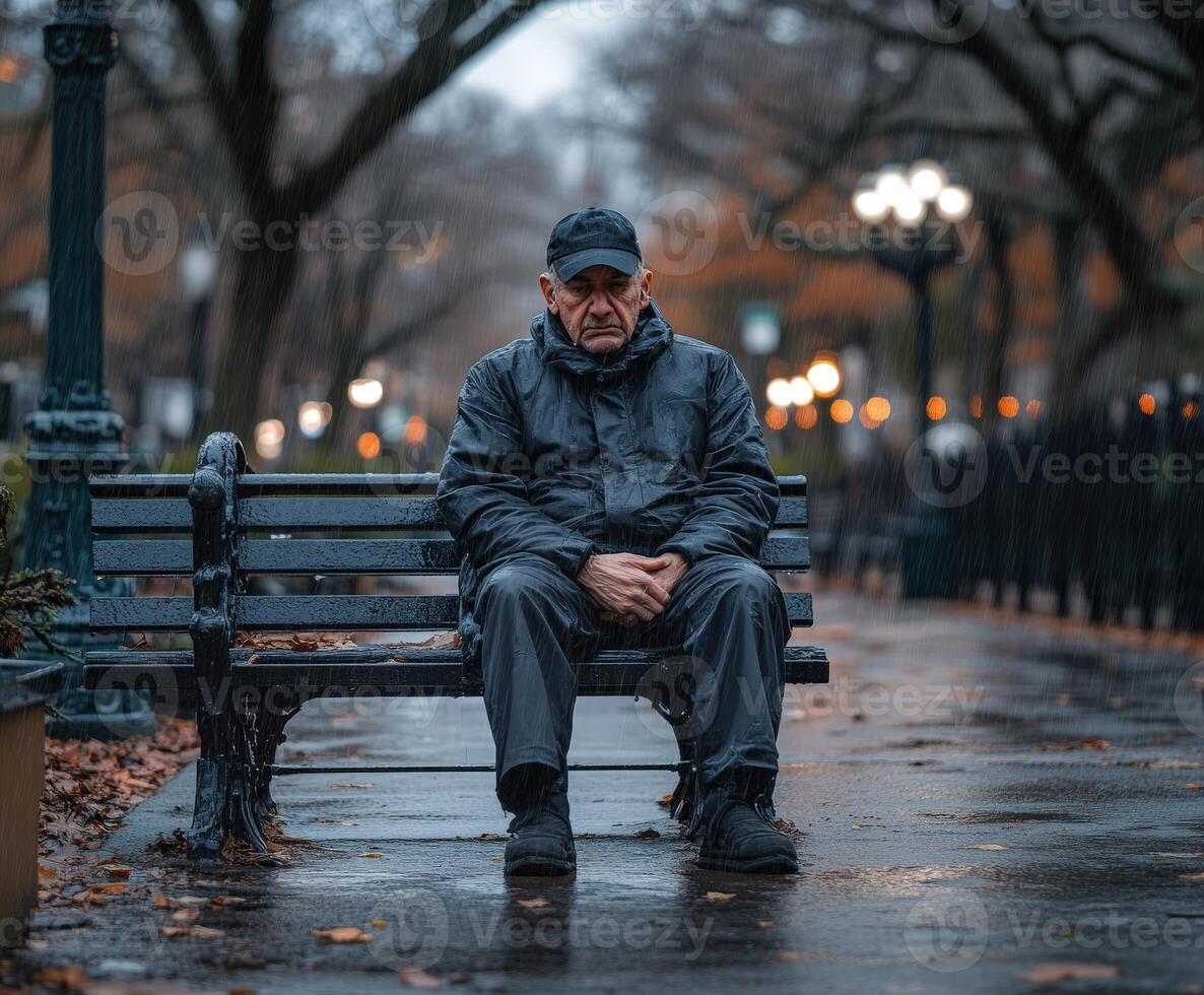 An older man sits on a park bench in the rain photo