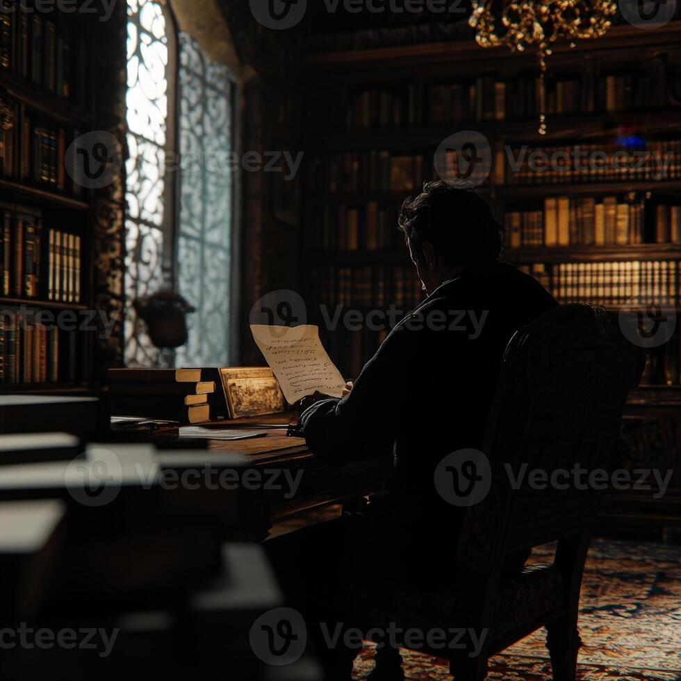 A man sitting at a desk in a library photo