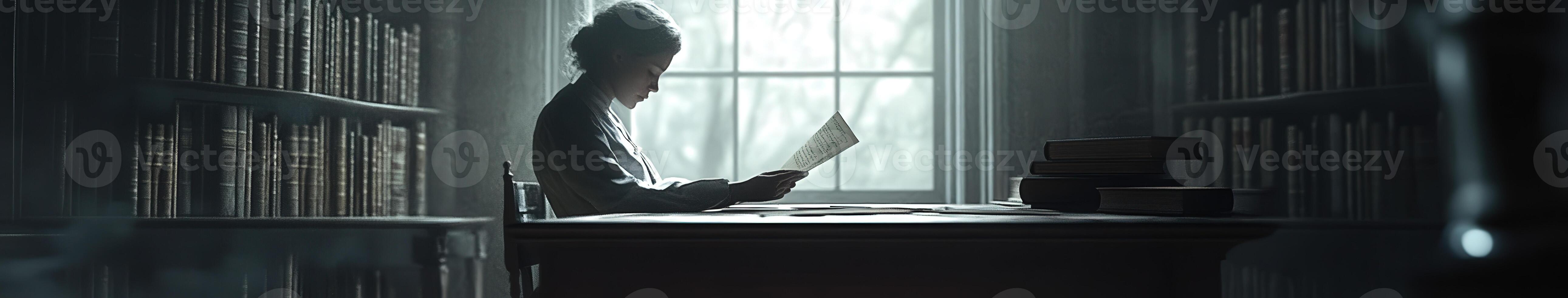A man sitting at a desk in a library with a book photo