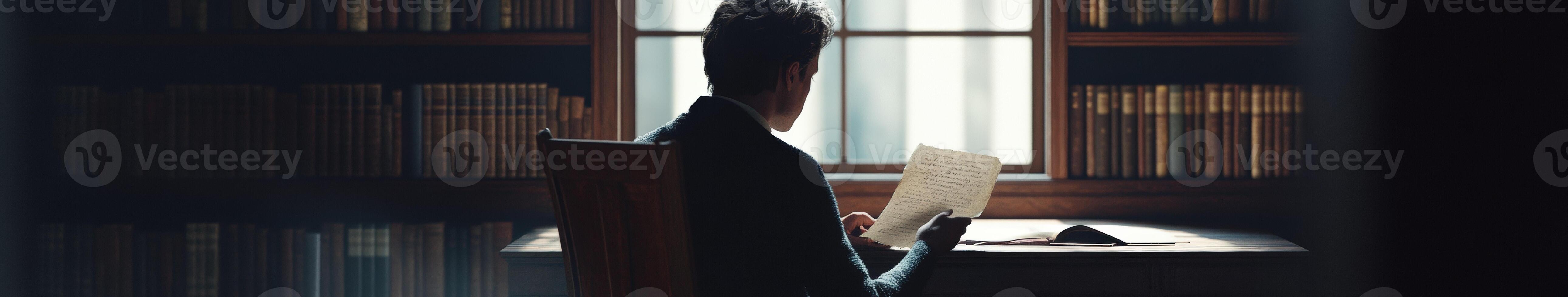 A man sitting at a desk in front of a bookcase photo