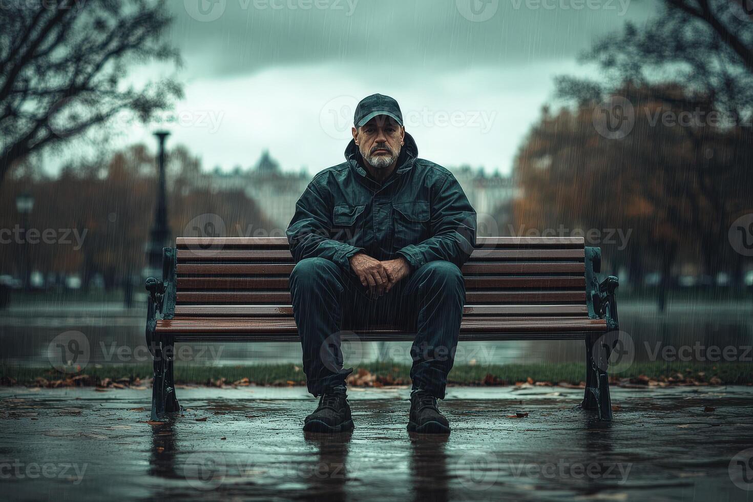 A man sitting on a bench in the rain photo
